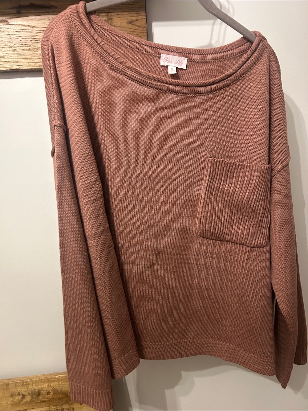 Pink Lily Scoop Neck Pocket Sweater - Dusty Rose